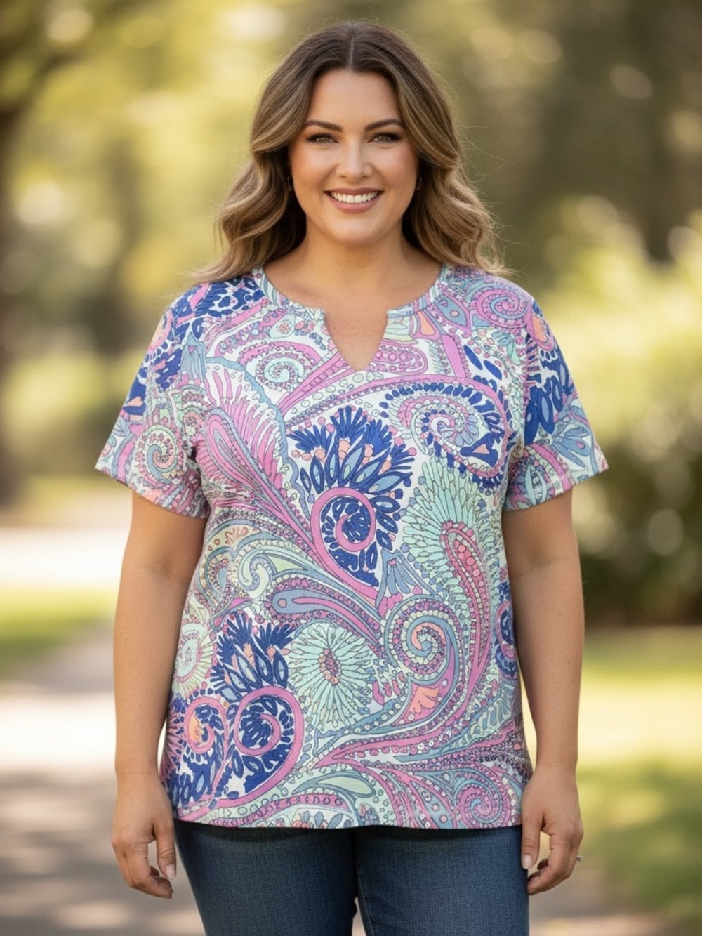 Talbots NWT Pastel Paisley V-Neck Short Sleeve Top Tee T Shirt 1X Plus